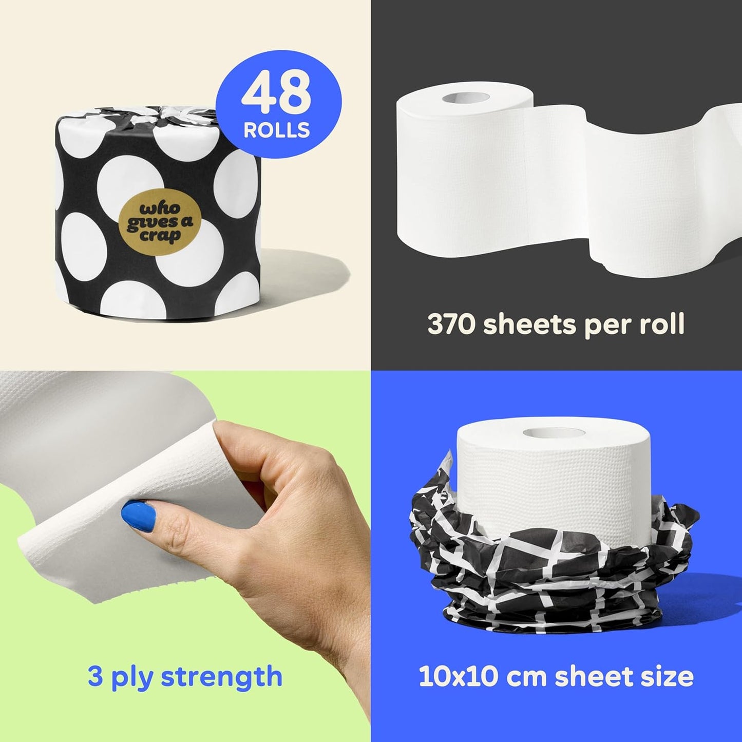 Who Gives A Crap Bamboo Toilet Paper 48 Roll Pack – Premium 3-Ply Toilet Tissue – Soft, Durable, Eco-Friendly & Plastic-Free