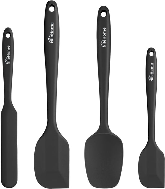 Silicone Spatula Set, High Heat-Resistant Premium BPA-Free One Piece Seamless Design, Non-Stick Rubber with 18/8 Stainless Steel Core, Cooking/Baking Utensil Set of 4, Black