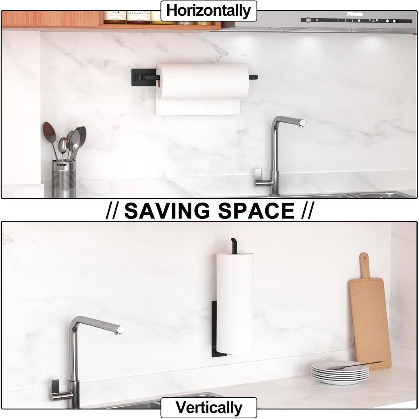 Black Kitchen Roll Holder Under Cabinet, Self-Adhesive Paper Towel Holder