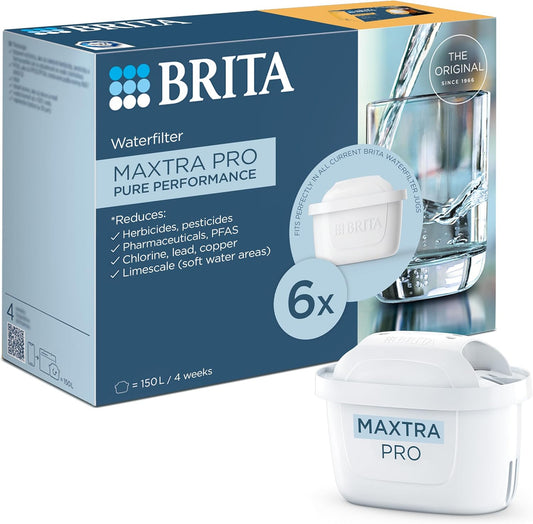 Pure Performance Water Filter Cartridge 6 Pack – Original BRITA Refill – Reduces Chlorine, PFAS, Pesticides & Limescale – Improves Tap Water Taste & Quality