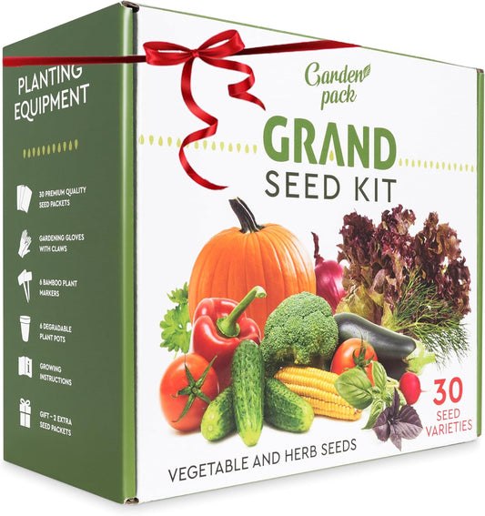 Seed Growing Kit - 30 Vegetable Seeds Varieties - Gloves with Claws, 6 Biodegradable Peat Pots, 6 Bamboo Plant Markers