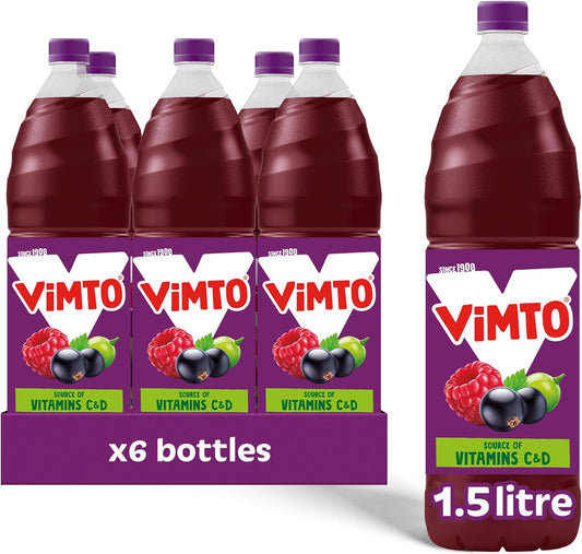 Vimto No Added Sugar Squash 6 x 1.5L – Mixed Fruit Cordial with Blackcurrant, Grape & Raspberry Flavours – Vitamins C & D – Low Sugar Soft Drink Concentrate